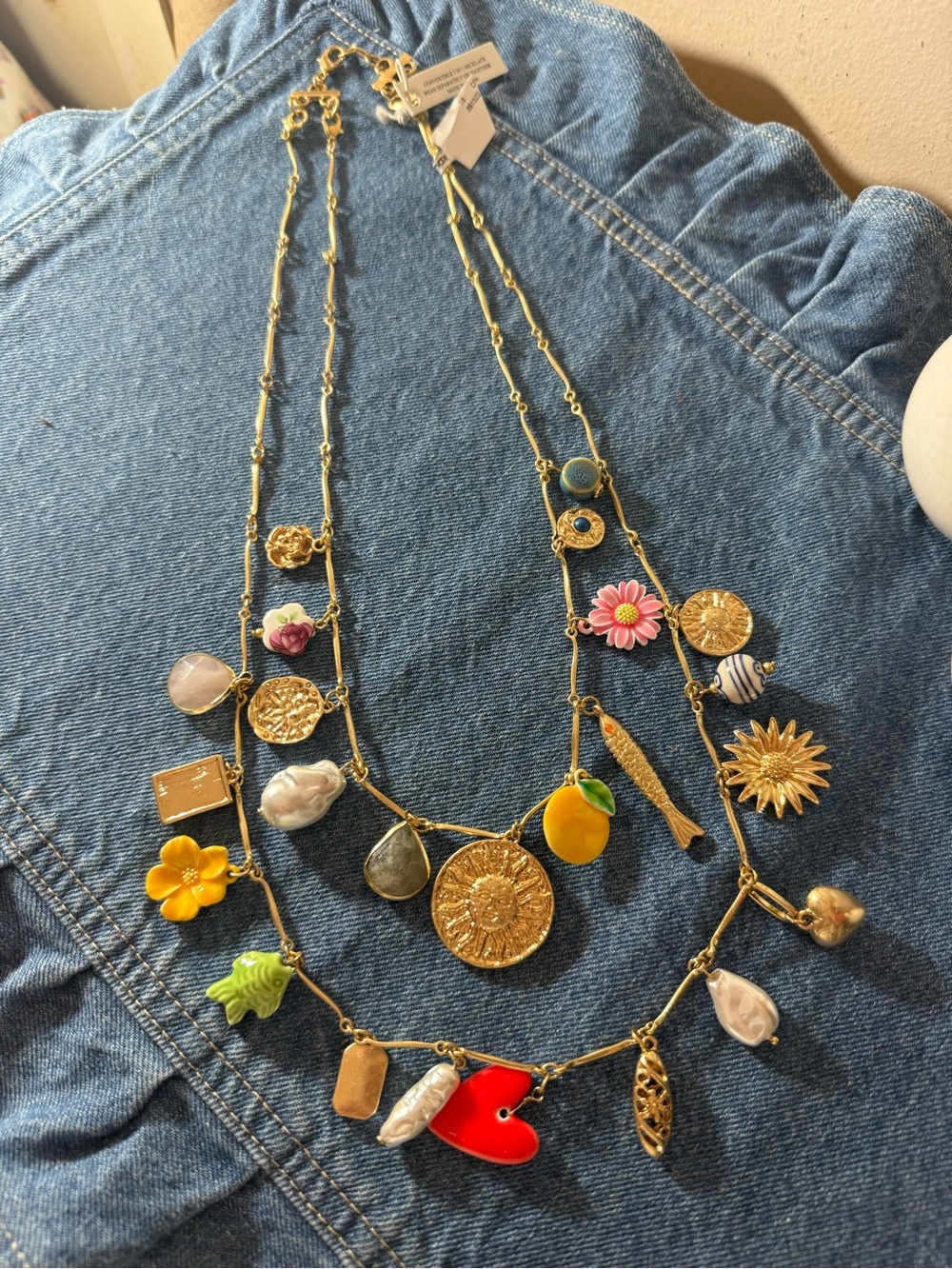 Atterri Gold Charm Statement Necklace with Red Heart and Enamel Accents